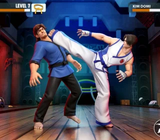 1. Martial arts fighting game featuring characters in a dojo setting with dynamic combat poses.