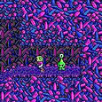 Cute pixel art characters exploring a vibrant purple cave environment.