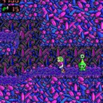 Pixel art of alien and astronaut in vibrant purple terrain.