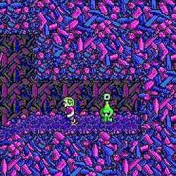 Pixel art of alien and astronaut in vibrant purple terrain.