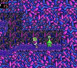 Pixel art of alien and astronaut in vibrant purple terrain.