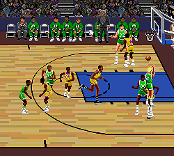 A retro pixel art basketball game with players in green and yellow uniforms on the court.