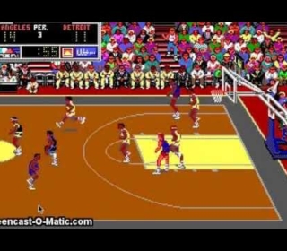Retro arcade basketball game gameplay with players attempting shots and competitive action on the court.