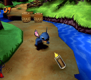 Adorable pixelated mouse character running through a forest pathway with water and barrels.