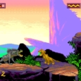 Huge Dinosaur Battle in Retro Pixel Art Style.