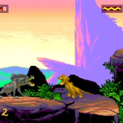 Illustration of a classic Lion King game scene with characters battling on a rocky ledge.