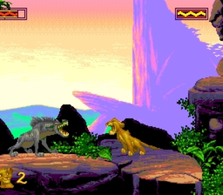 Illustration of a classic Lion King game scene with characters battling on a rocky ledge.