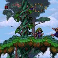 Mystical forest scene with cartoon characters and vibrant pixel art graphics.