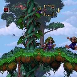 Mystical forest scene with cartoon characters and vibrant pixel art graphics.