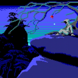 Pixel art scene from Nightfall showing a lone character sitting on a cliff under a moonlit sky.