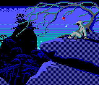 Pixel art scene from Nightfall showing a lone character sitting on a cliff under a moonlit sky.