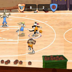 Basketball game featuring cartoon characters on a wooden court.