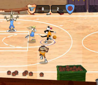 Fast-paced basketball game featuring cartoon characters on a wooden court.