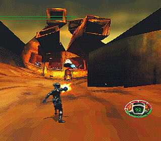 Star Wars Racer Revenge gameplay with a character racing through a desert canyon.