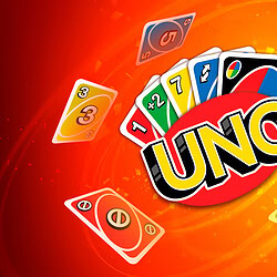 Colorful UNO card game on a vibrant red background.