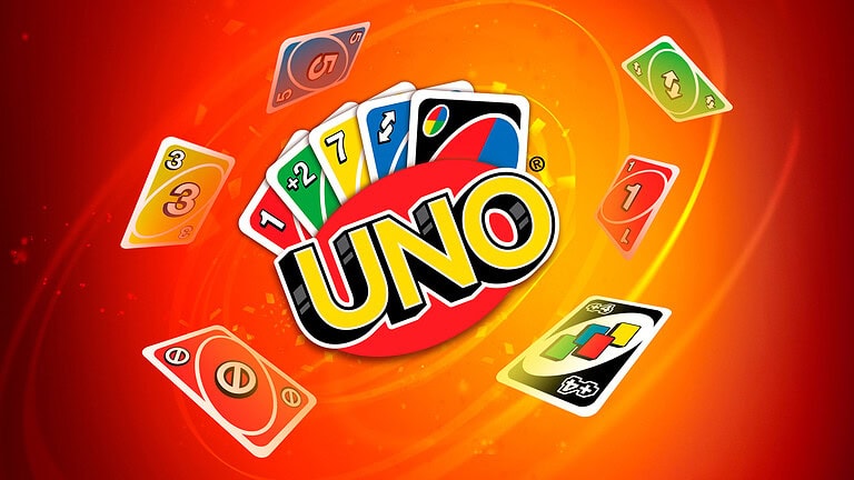 Colorful UNO card game on a vibrant red background.