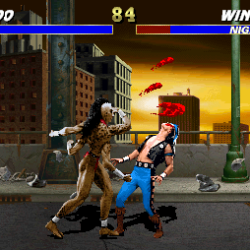 Vampire and vampire hunter battling in urban street game scene.
