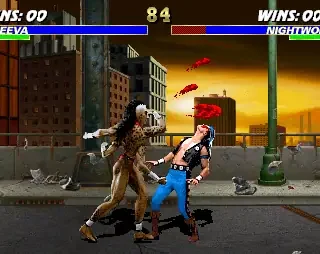 Vampire and vampire hunter battling in urban street game scene.