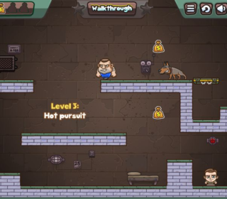 Money-themed platformer game scene with character, dog, and coins.