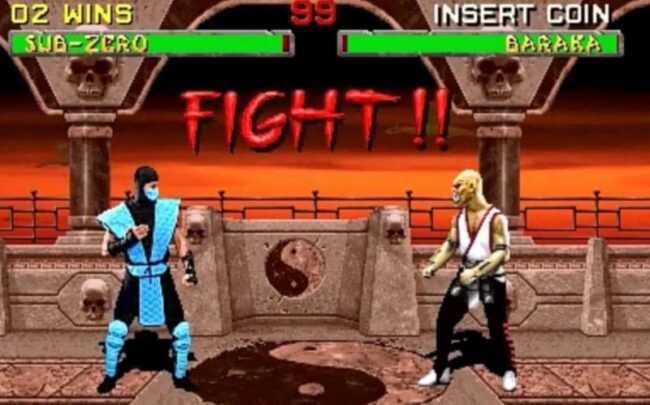 1. Classic Mortal Kombat 2D fighting game with Kung Lao and Baraka characters.