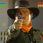A man wearing a cowboy hat aiming a gun in a Western-themed video game scene.