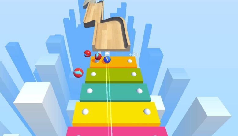 משחק מבוך כדורים תלת-ממדי צבעוני על נתיב קשת בענן חי.