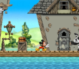 Cute Mickey Mouse cartoon game scene with water and houses.