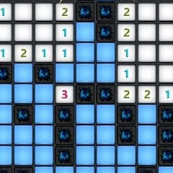 Minesweeper game grid with numbered and flagged cells for puzzle solving.