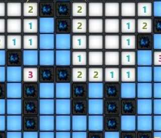 Minesweeper game grid with numbered and flagged cells for puzzle solving.