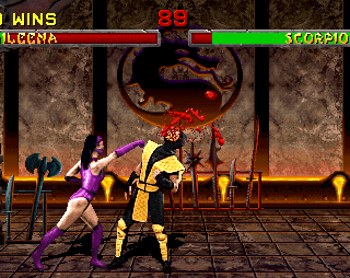 Epic Mortal Kombat fight scene with Scorpion and Maid in action.