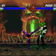 Vampire Saviour fighting game screenshot with two characters in combat in a dark, gothic setting.