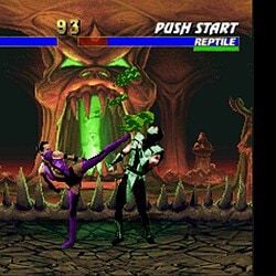 A screenshot from Mortal Kombat game featuring combat scene with a dark, fantasy-themed background.