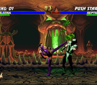 A screenshot from Mortal Kombat game featuring combat scene with a dark, fantasy-themed background.