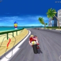 1. Motorcycle racing game on a coastal road with palm trees and city views.