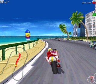 1. Motorcycle racing game on a coastal road with palm trees and city views.