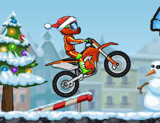 Exciting Christmas bike riding game with snow and festive decorations.