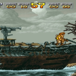 1. Retro pixel art of soldiers on a warship firing guns during wartime.