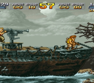 1. Retro pixel art of soldiers on a warship firing guns during wartime.