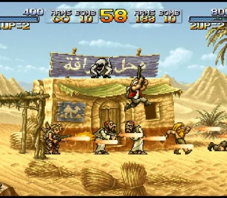 Air combat game with pixel art desert scene, soldiers shooting, and buildings.