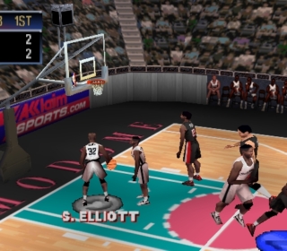 Arcade basketball game with players competing on a digital court.