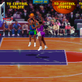 High school basketball game with players jumping to score at the hoop.