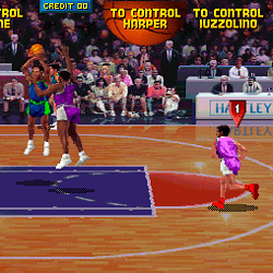 High-flying basketball dunk in a vintage arcade game, featuring colorful characters and retro graphics.