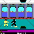 Fighting game featuring pixelated characters in a colorful arena, retro-style action scene.