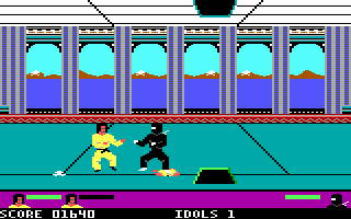 Fighting game featuring pixelated characters in a colorful arena, retro-style action scene.