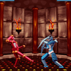 Pink and blue robotic fighters battling inside a fiery arena for victory.