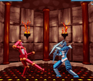 Pink and blue robotic fighters battling inside a fiery arena for victory.