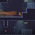 A pixel art-style game scene featuring a small character exploring an underground facility.