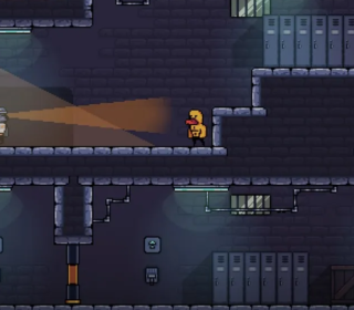 A pixel art-style game scene featuring a small character exploring an underground facility.