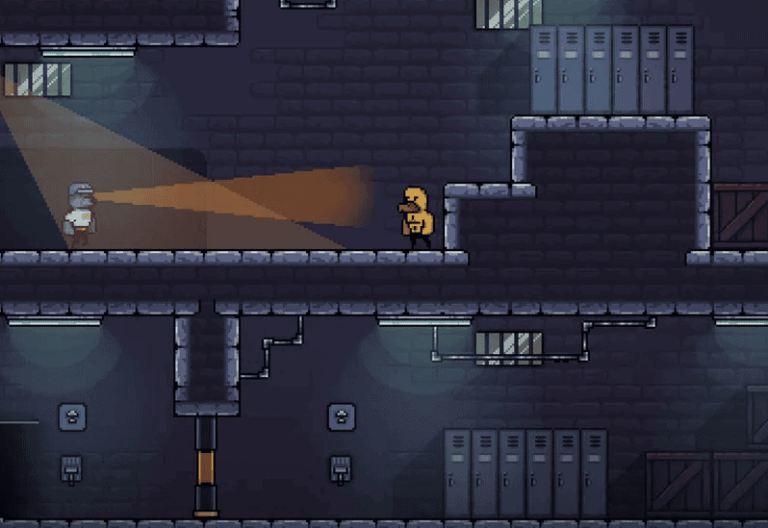 A pixel art-style game scene featuring a small character exploring an underground facility.