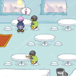 A cold ice room with penguins playing and interacting at tables in an online game scene.